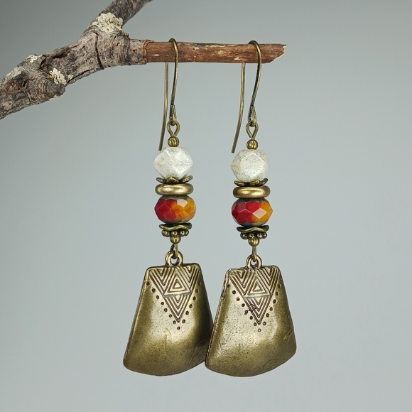Hand Crafted Jewelry - HAND CRAFTED Beaded Tribal Brass Dangle Earrings Red Orange Boho Rustic